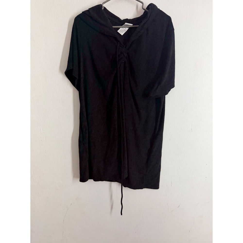 Time and Tru Black Terry Cloth Hooded Swim Cover Up Lace Up Tunic Plus Size 1X